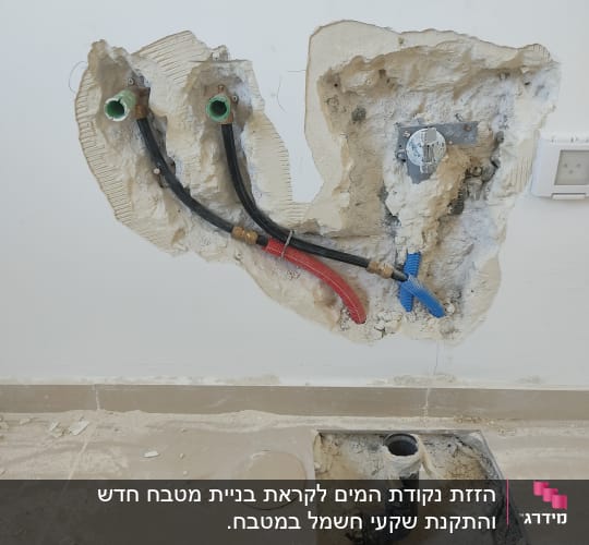צינורות מים חשופים בקיר עם חיבורים